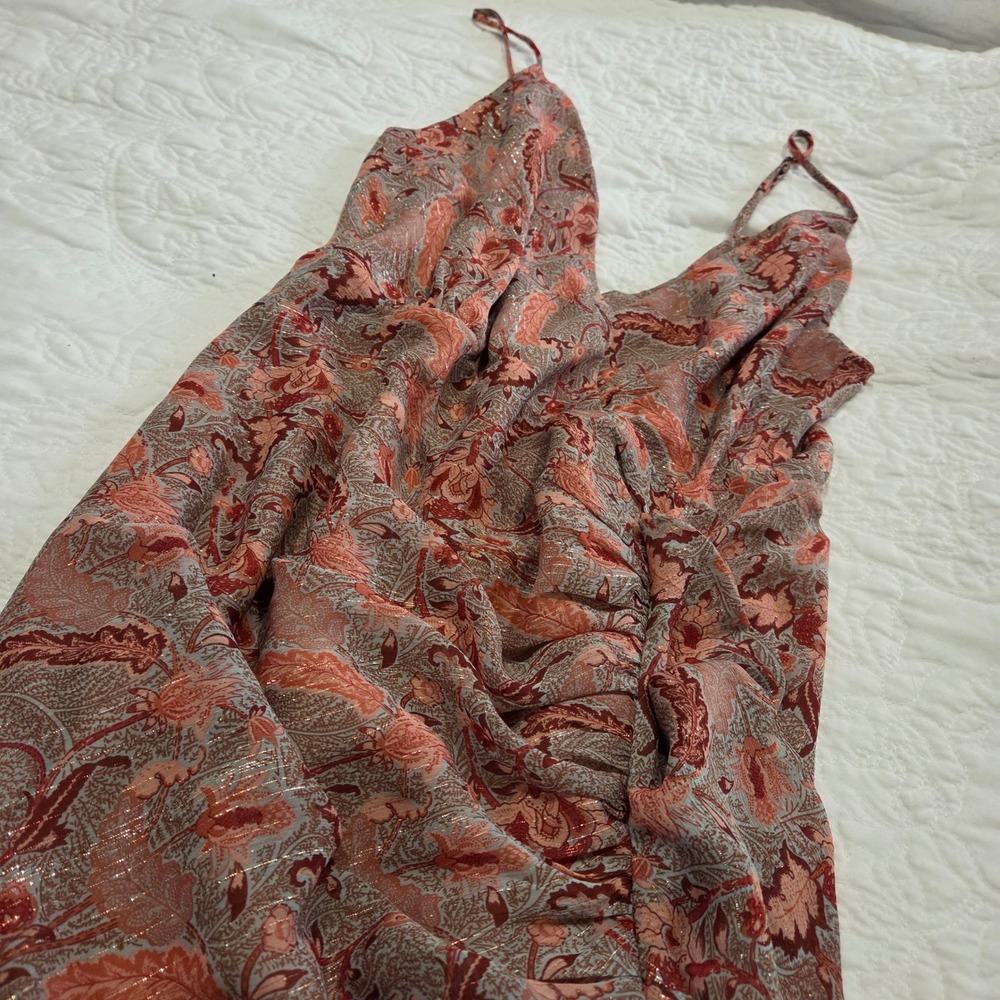 Floret Studios Multi Floral Ruched Ruffle Maxi‎ Dress XL Metallic Thread